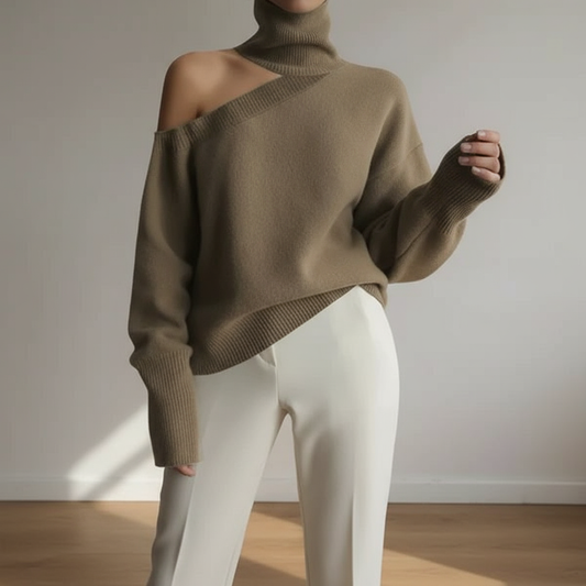 Gebreide Dames Trui – Moderne Turtleneck – Asymmetrische Uitsnede 2