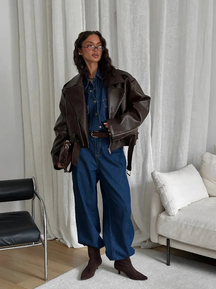 Bruine Bikerjas Dames – Tijdloos Ontwerp 3