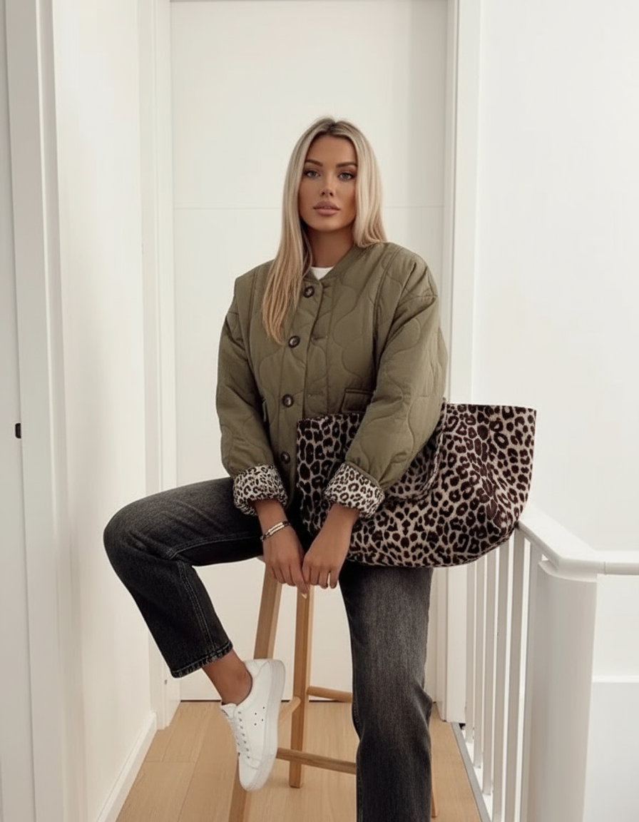 Gewatteerde Lange Jas Dames – Casual Chic – Luxe Luipaard Voering 2