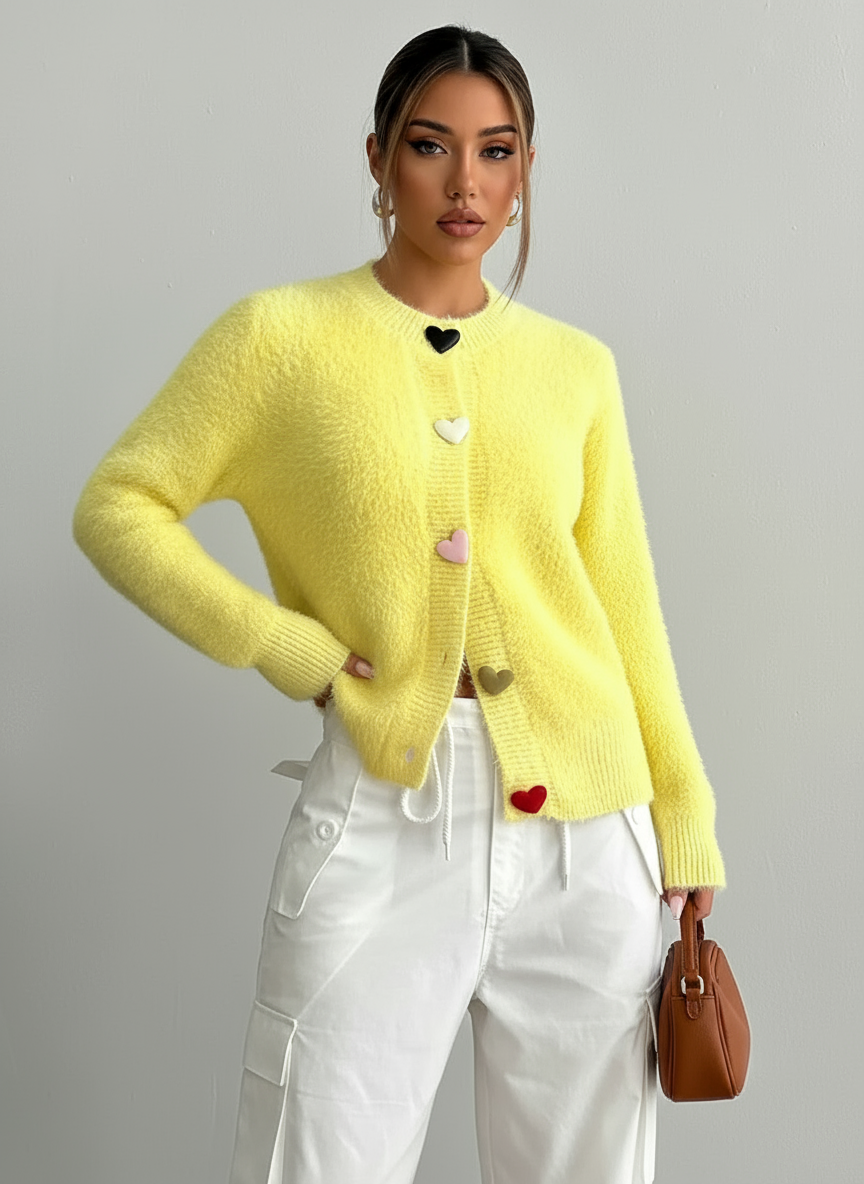 Geel Gebreid Vest – Speelse Hartjesknopen